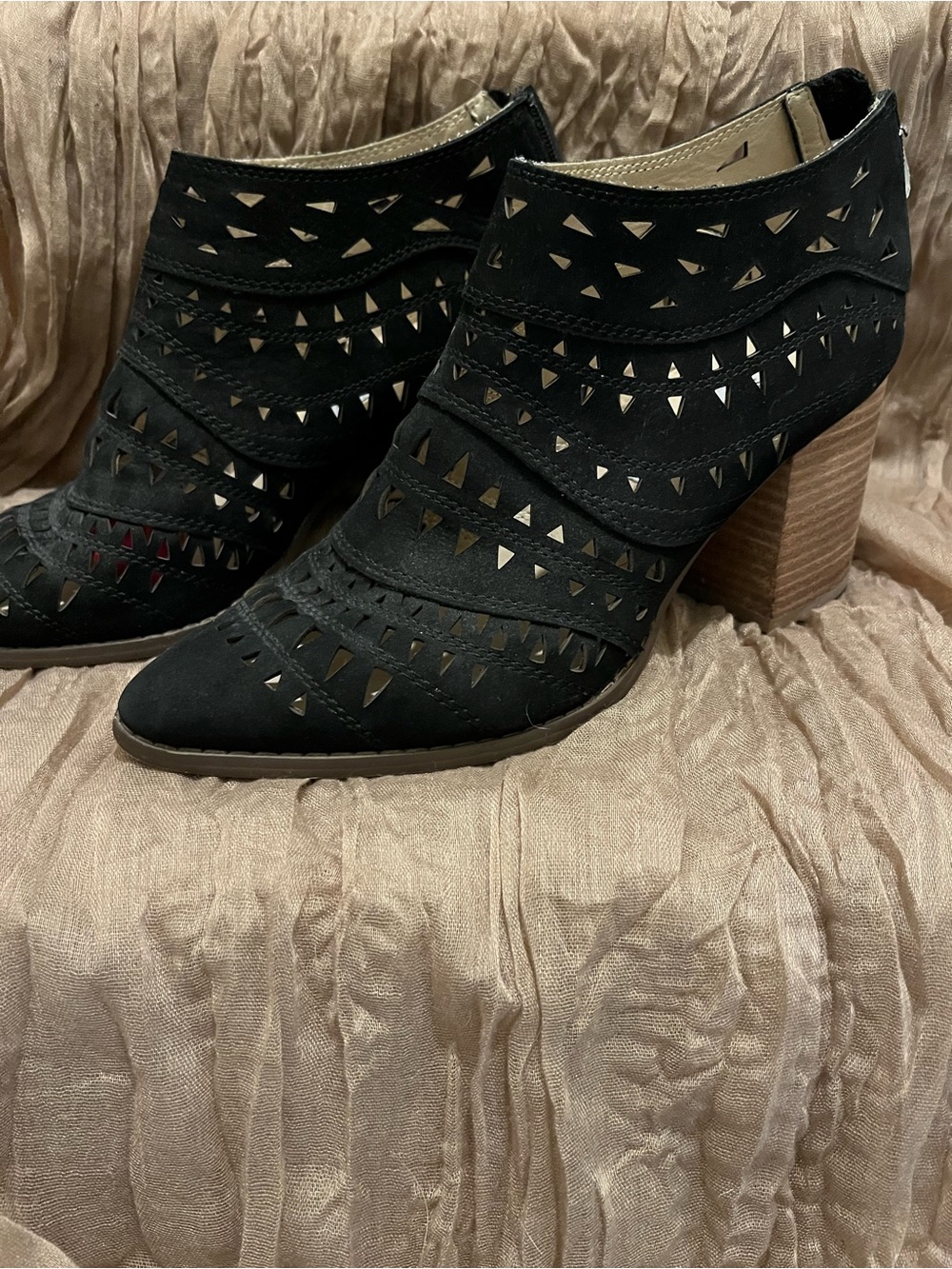 Steve Madden Black Laser-Cut Suede Ankle Booties with Stacked Heel